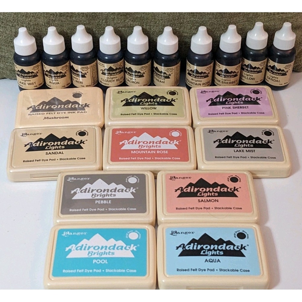 10 Ranger Adirondack Re-inker Bottles Ink Large 1oz & 10 Dye Pads READ
